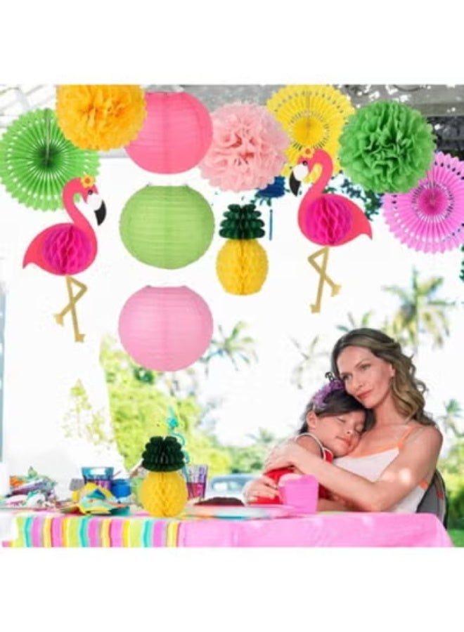 fantasize 13 PCS Hawaiian Style Pink Flamingo Paper Lamp Set Flowers Flamingo Paper Cuttings Fet Handmade Flamingo Wallpaper Painting for Wedding,Birthday,Baby's First Birthday Party Decoration - Image 2